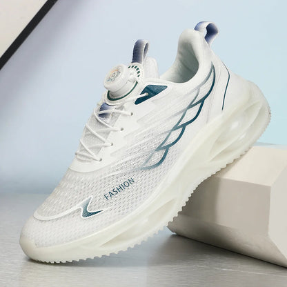 Casual breathable running shoes in sky blue colour with round toe and lace-up front.