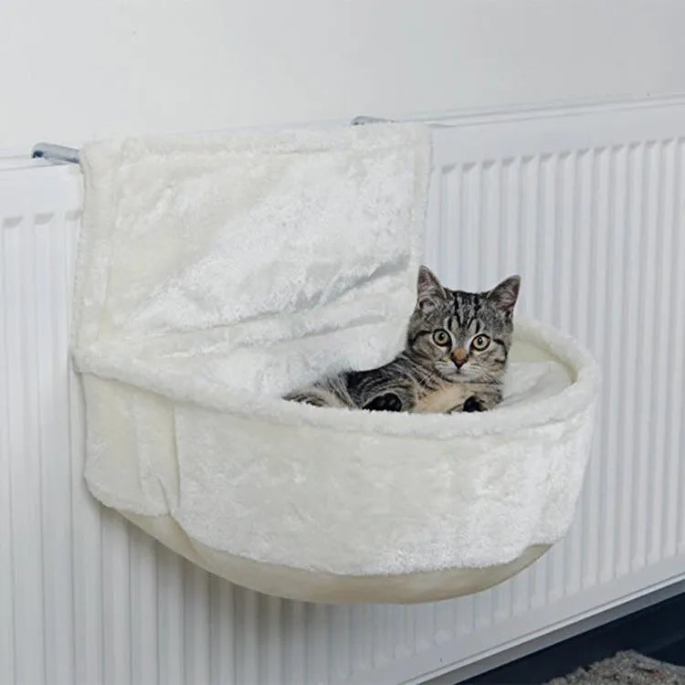 Iron frame cat hammock measuring 40cm, made from grey iron fleece cloth, shown mounted in a cage.