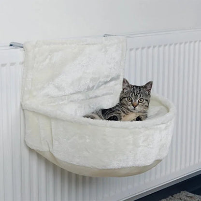 Iron frame cat hammock measuring 40cm, made from grey iron fleece cloth, shown mounted in a cage.