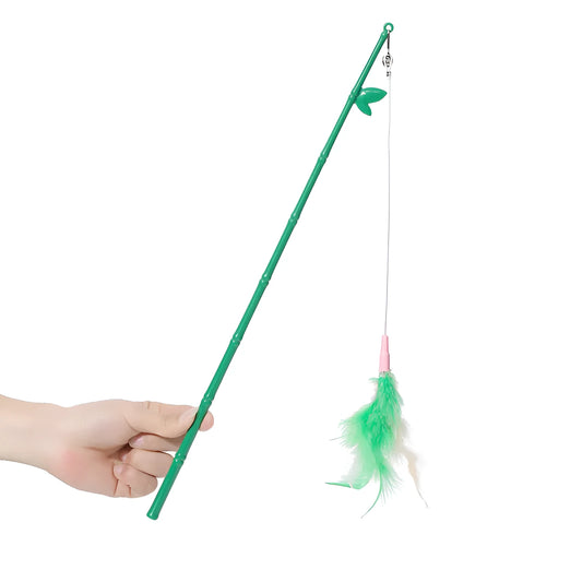 Green interactive cat feather wand toy with bell for durable feline play and stimulation