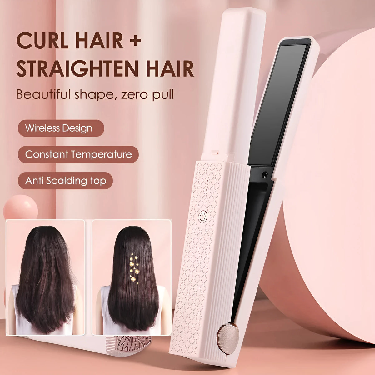 Pink and green cordless USB rechargeable mini hair straightener and curler with ceramic plates