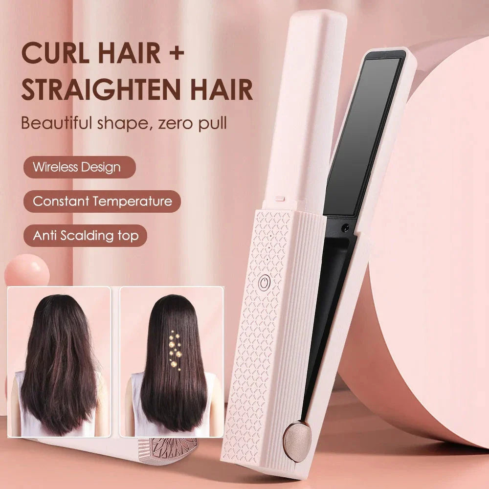 Cordless USB hair straightener with ceramic plates, perfect for travel and on-the-go styling