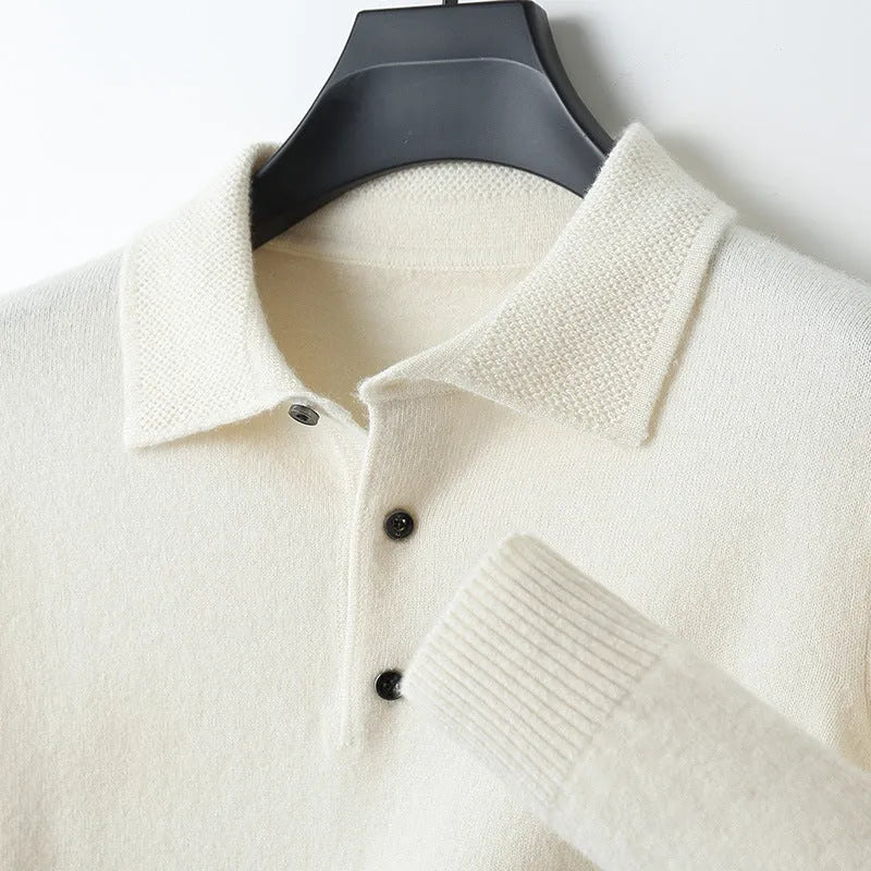 Men's wool sweater with a polo collar and long sleeves, shown in one of seven available colours.