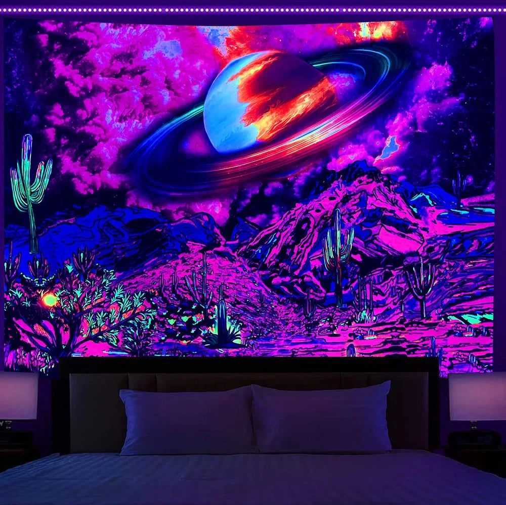 Simple mushroom tree of life fluorescent print polyester tapestry, 150x200cm size hanging on wall with subtle glow