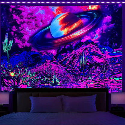 Simple mushroom tree of life fluorescent print polyester tapestry, 150x200cm size hanging on wall with subtle glow