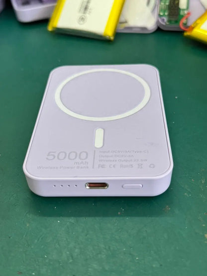 White magnetic wireless charging power bank with 5000mAh capacity and creative design