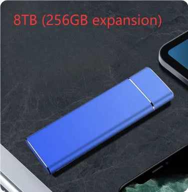 Sapphire blue portable solid state hard drive with metal case measuring 10.3cm