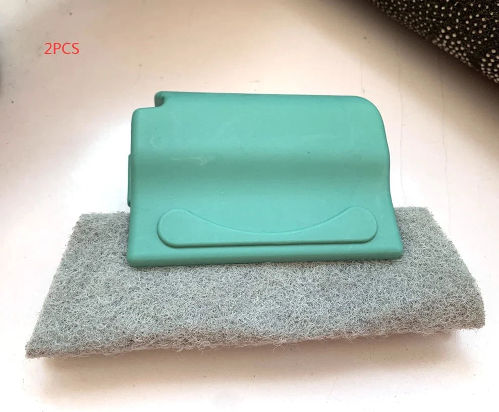 Window groove cleaning brush with comfortable grip and scouring pad head