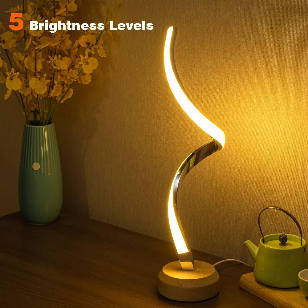 LED Spiral Table Lamp with wooden base and dimmable warm white light