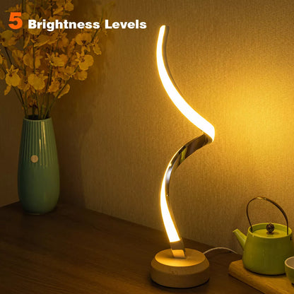 LED Spiral Table Lamp with wooden base and dimmable warm white light