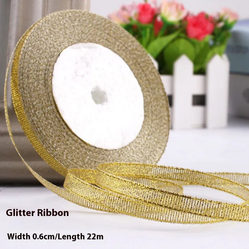 Polyester gift packaging bow ribbon showing 0.6cm width and colour options including gold leaf and metallic variations