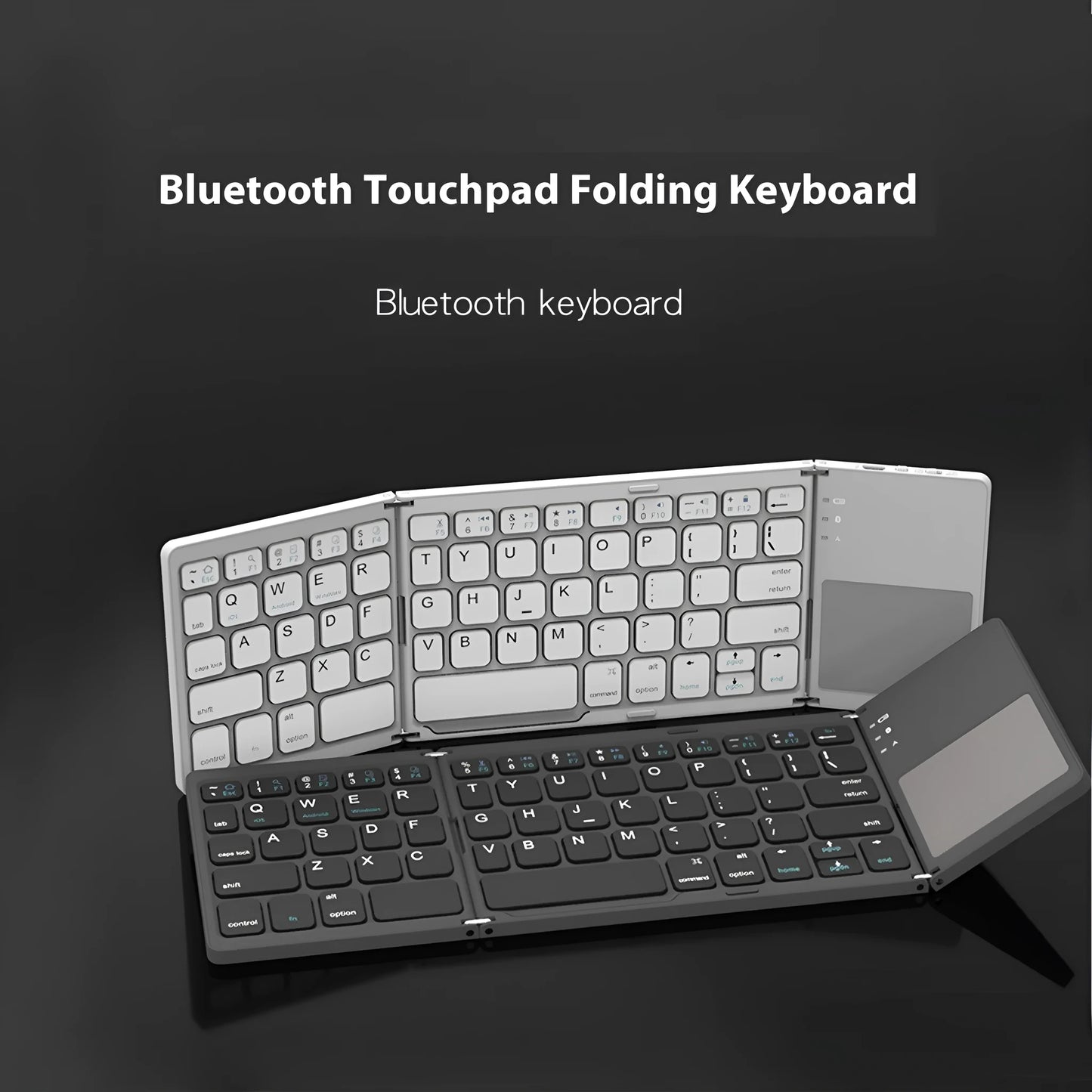 Tri-fold Bluetooth keyboard in black showing compact folded size next to smartphone