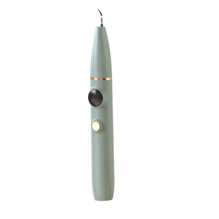Ultrasonic Dental Plaque Remover with stainless steel and silicone construction, powerful vibrations, and USB charging