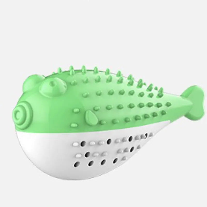 Small blue silicone fish-shaped chew toy for cats on a plain background.