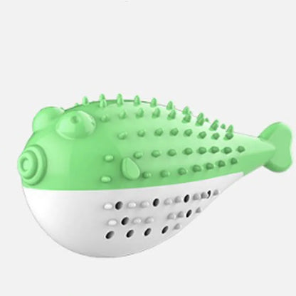 Small blue silicone fish-shaped chew toy for cats on a plain background.