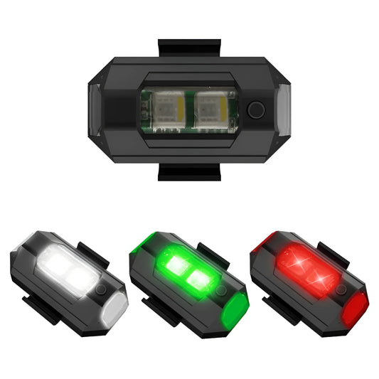 Drone strobe light with multi-colour LEDs, USB Type-C cable, and mounting tape on a ring.