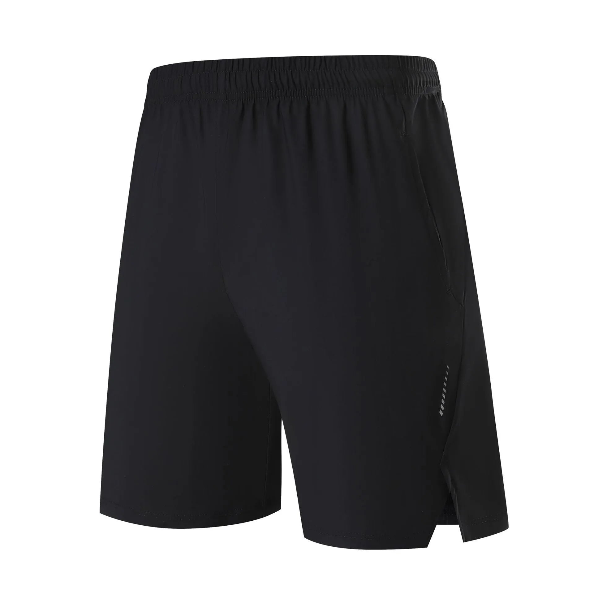Men's black nylon sports shorts with a mid waist, designed for athletic and casual leisure wear.