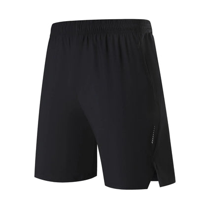 Men's black nylon sports shorts with a mid waist, designed for athletic and casual leisure wear.