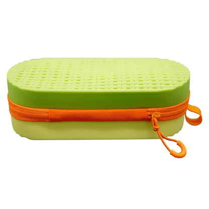 Silicone glasses case with long handle in rose red light purple colour, dimensions 200x80x50mm