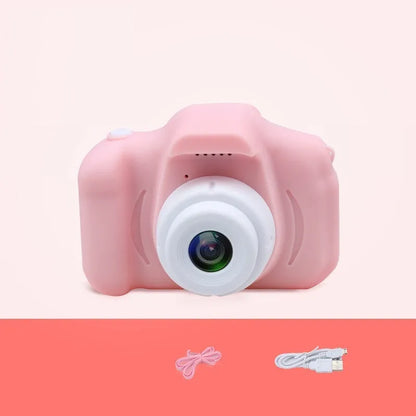 Colourful kids digital camera with silicone case showing 2-inch screen and lens.
