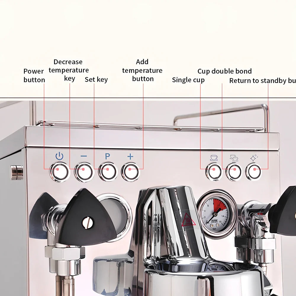 Full semi-automatic espresso machine in silver, 280mm wide with steam wand and UK plug for home brewing
