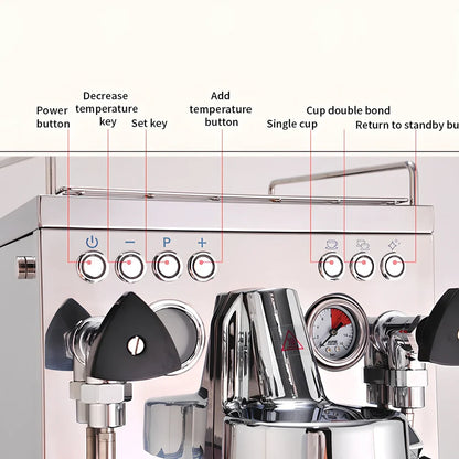 Full semi-automatic espresso machine in silver, 280mm wide with steam wand and UK plug for home brewing