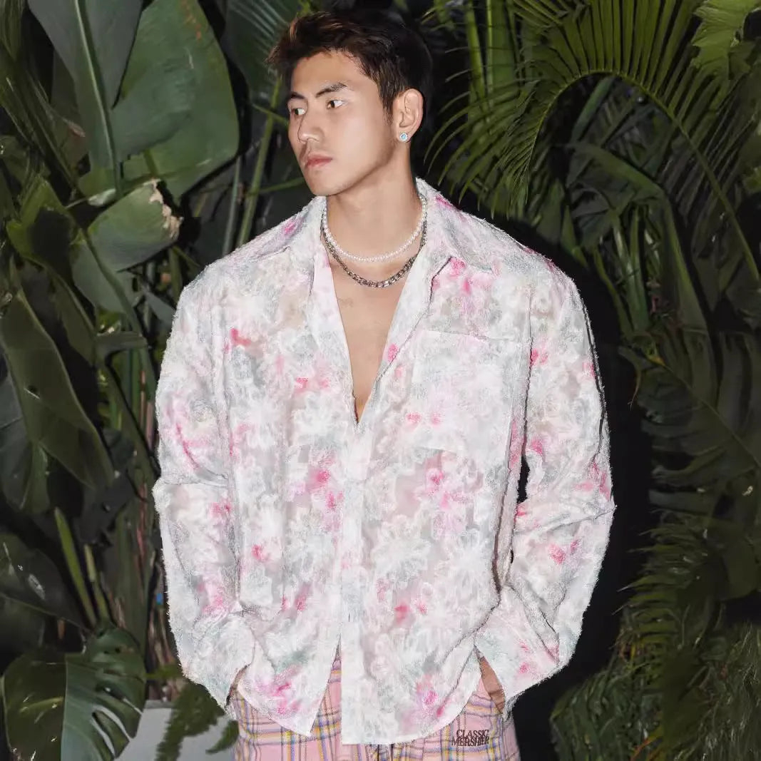 Long-sleeve floral shirt with embossed three-dimensional pattern in pink or blue, loose fit with chemical fibre blend fabric