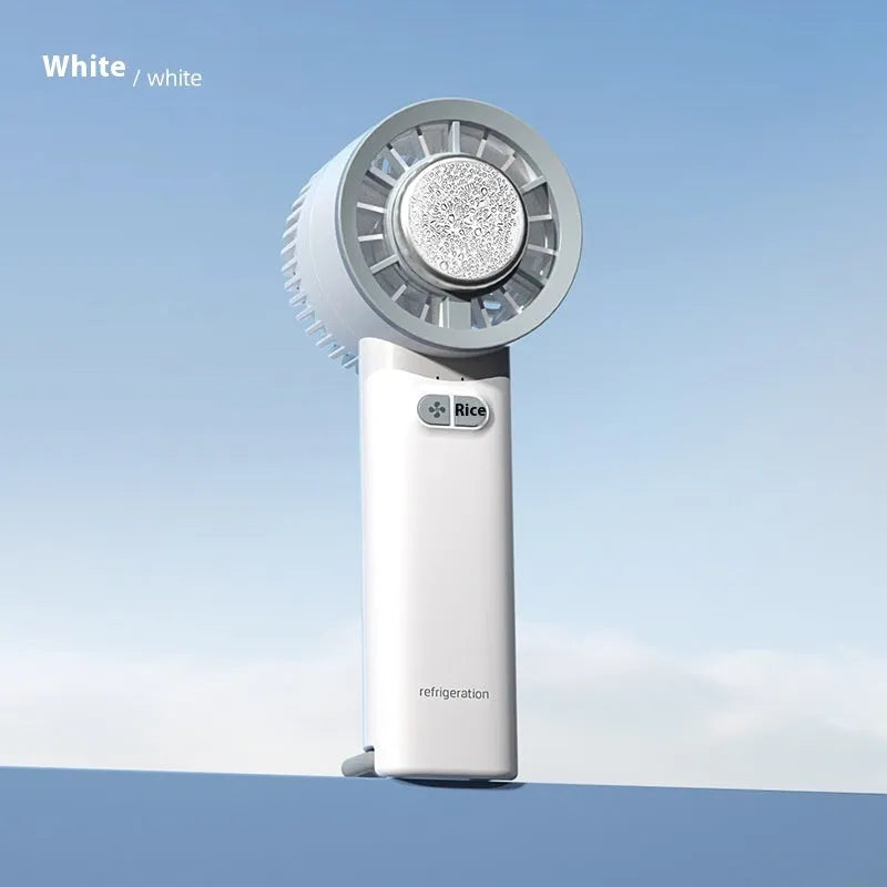 White handheld portable fan with turbo jet design and ice cooling function.