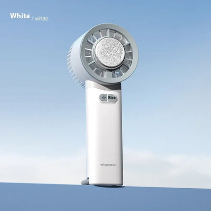 White handheld portable fan with turbo jet design and ice cooling function.