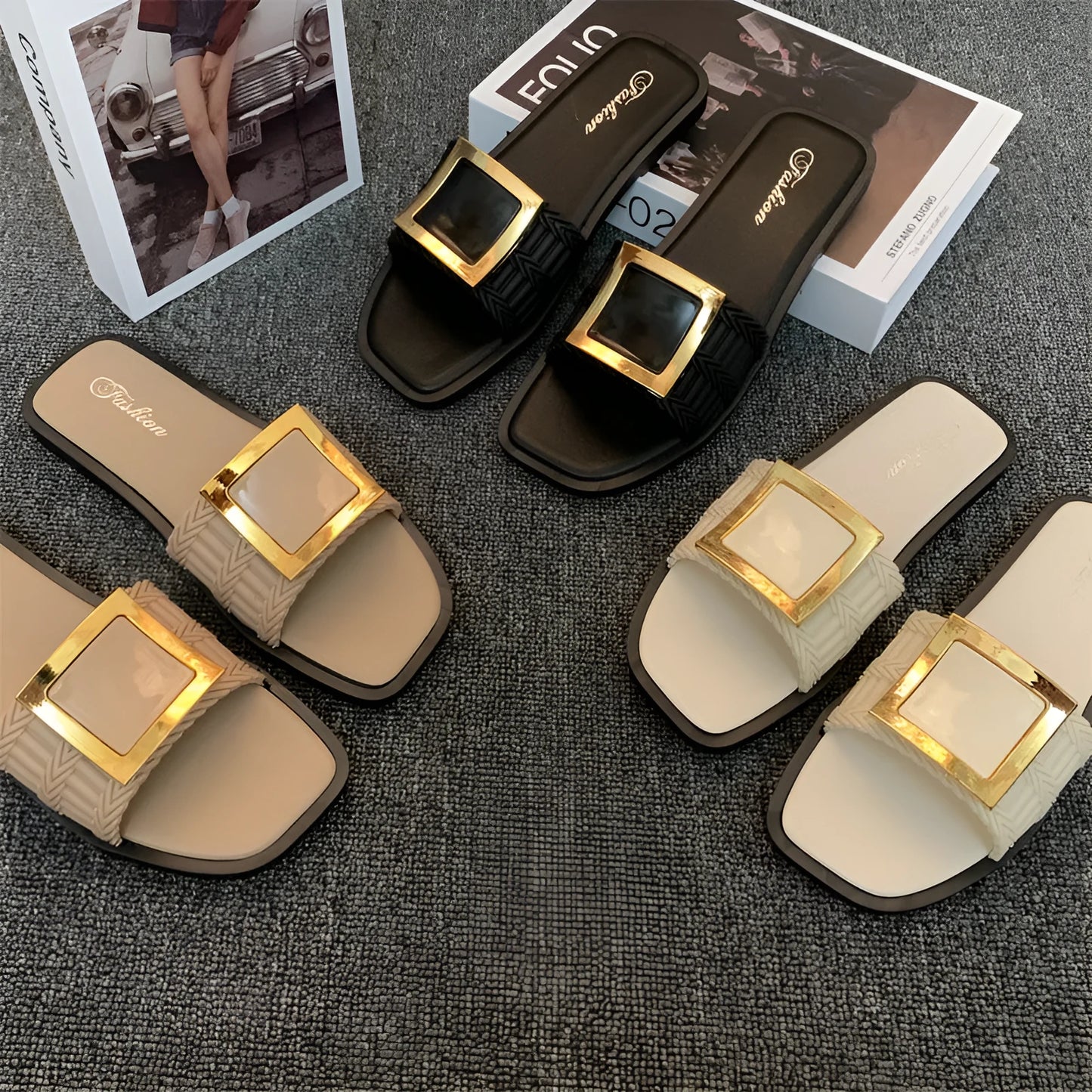 Women's summer flat slippers in apricot, black, and khaki colours with PVC non-slip soles