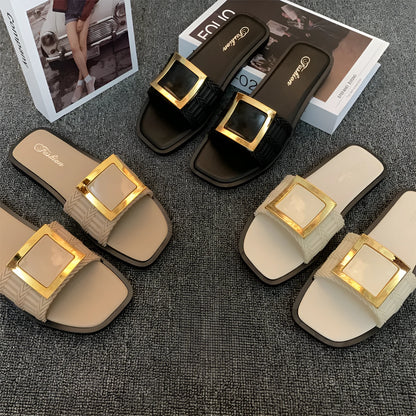 Women's summer flat slippers in apricot, black, and khaki colours with PVC non-slip soles