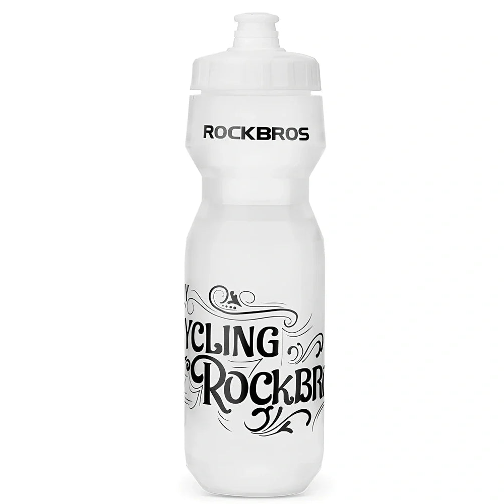 Cycling water bottle with transparent body and white press-type mouth, 750ml capacity