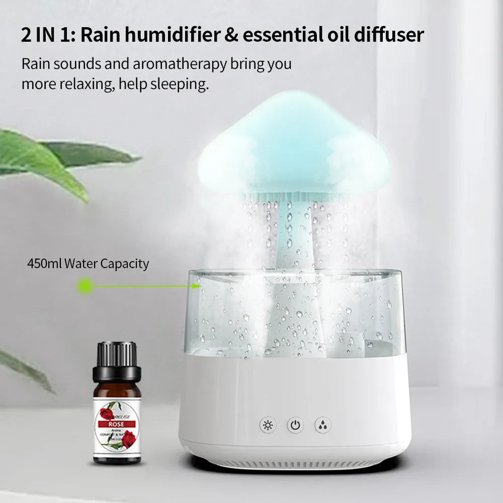 Wood grain raining cloud desk humidifier with essential oil diffuser and night light feature