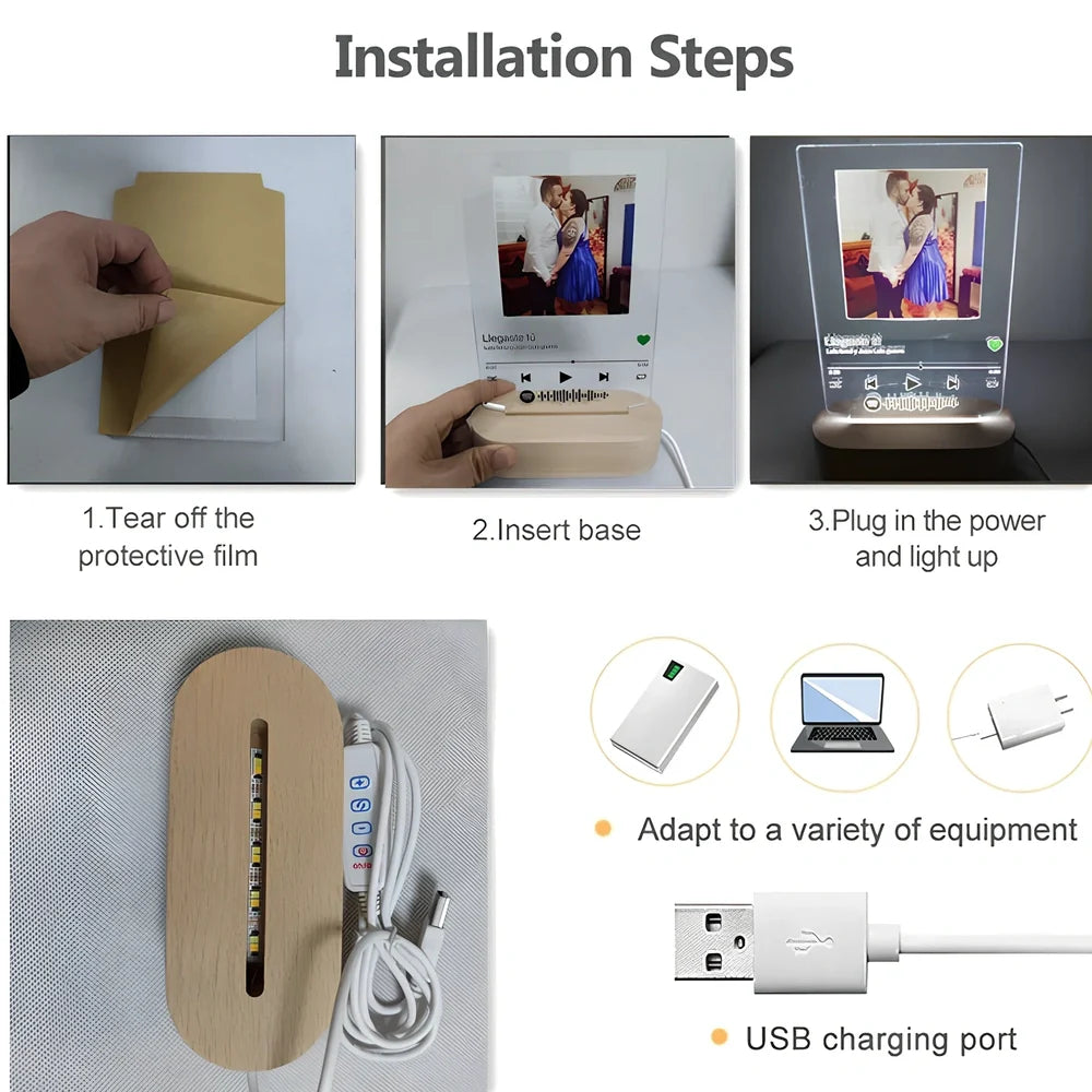 Custom Spotify Note Night Light with wood base, acrylic panel, and USB cable for personalised home decor