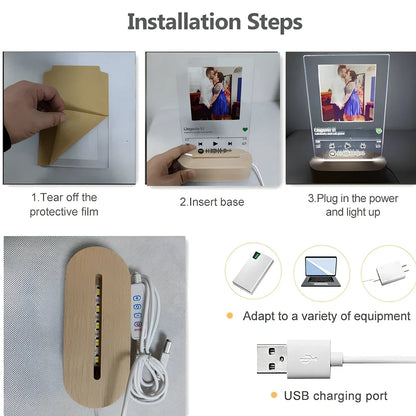Custom Spotify Note Night Light with wood base, acrylic panel, and USB cable for personalised home decor