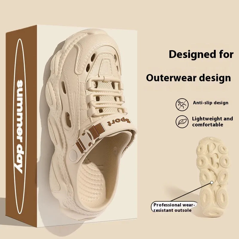 Men's khaki outdoor slippers with hollow-out design and textured EVA sole on a wooden deck