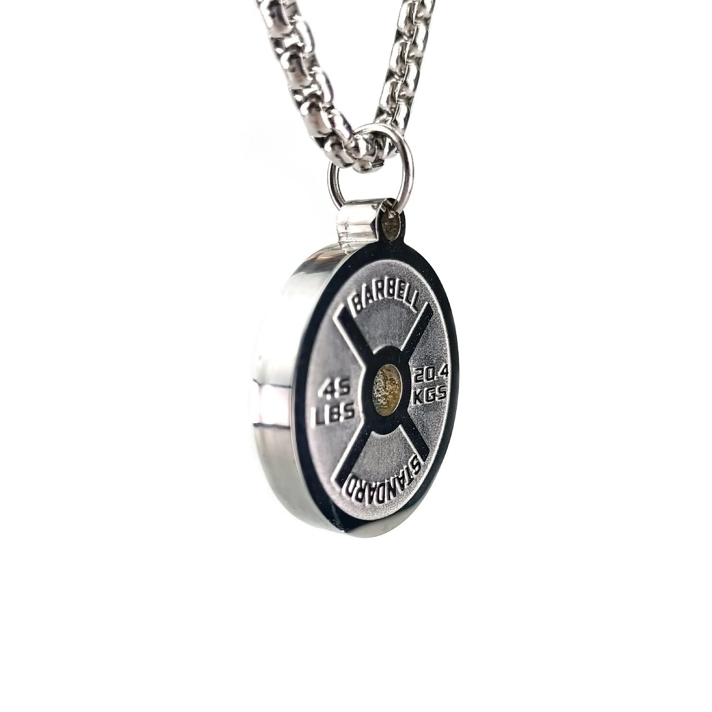 Stainless steel barbell disk geometric pendant necklace with polished finish and chain options
