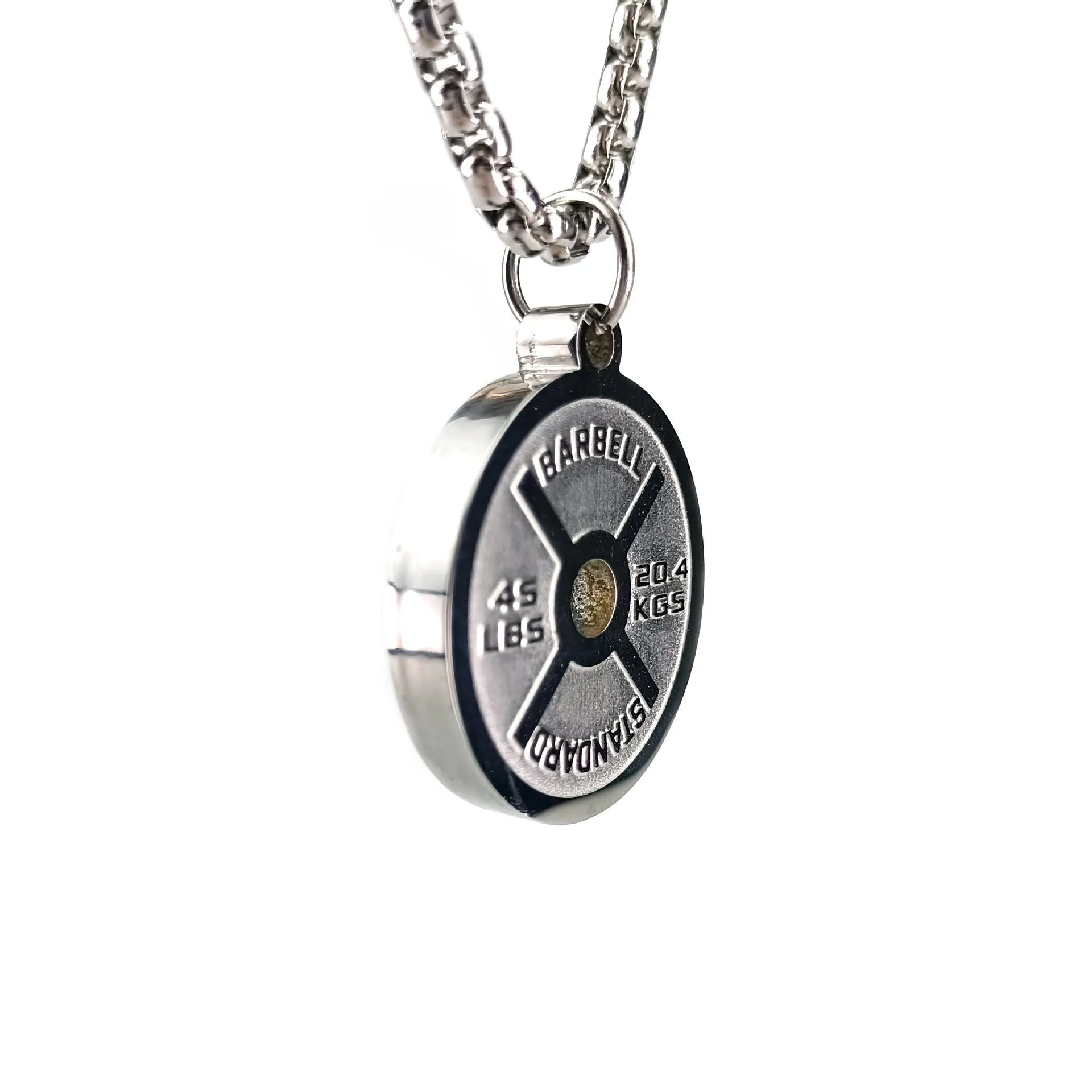 Stainless steel barbell disk geometric pendant necklace with polished finish and chain options