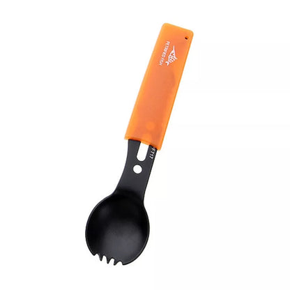Stainless steel camping utensil set with spoon, fork, knife, and whistle for outdoor adventures