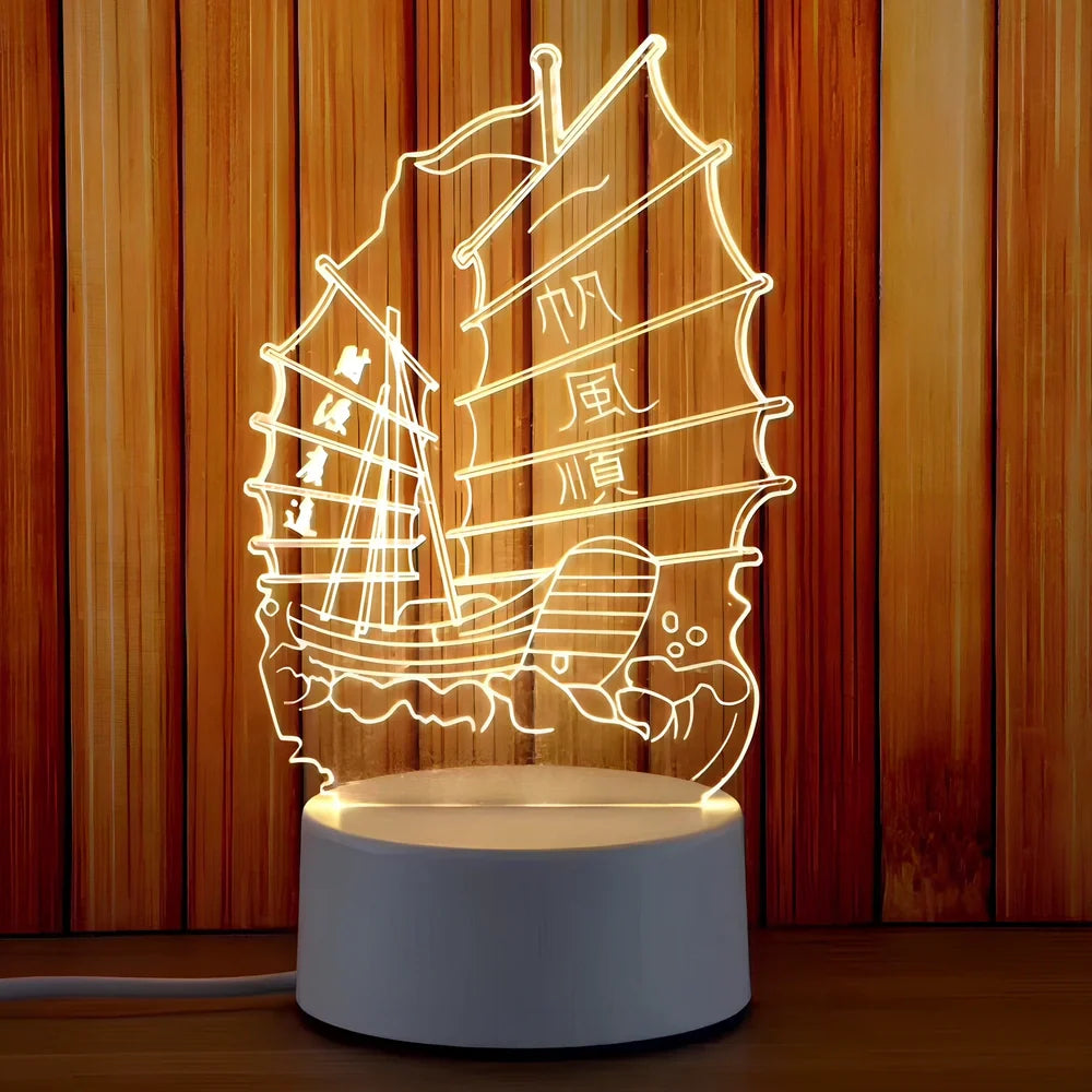 Creative USB bedside night light with acrylic castle scene, 20x17.5cm size, touch control for three light modes