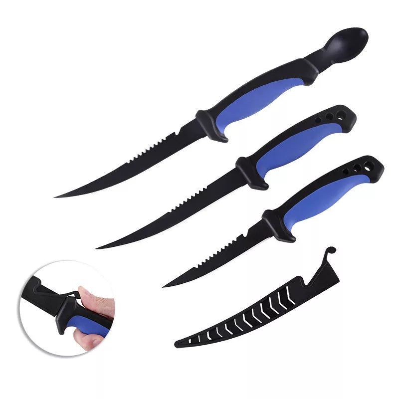 Stainless steel fishing knife with blue handle and protective cover