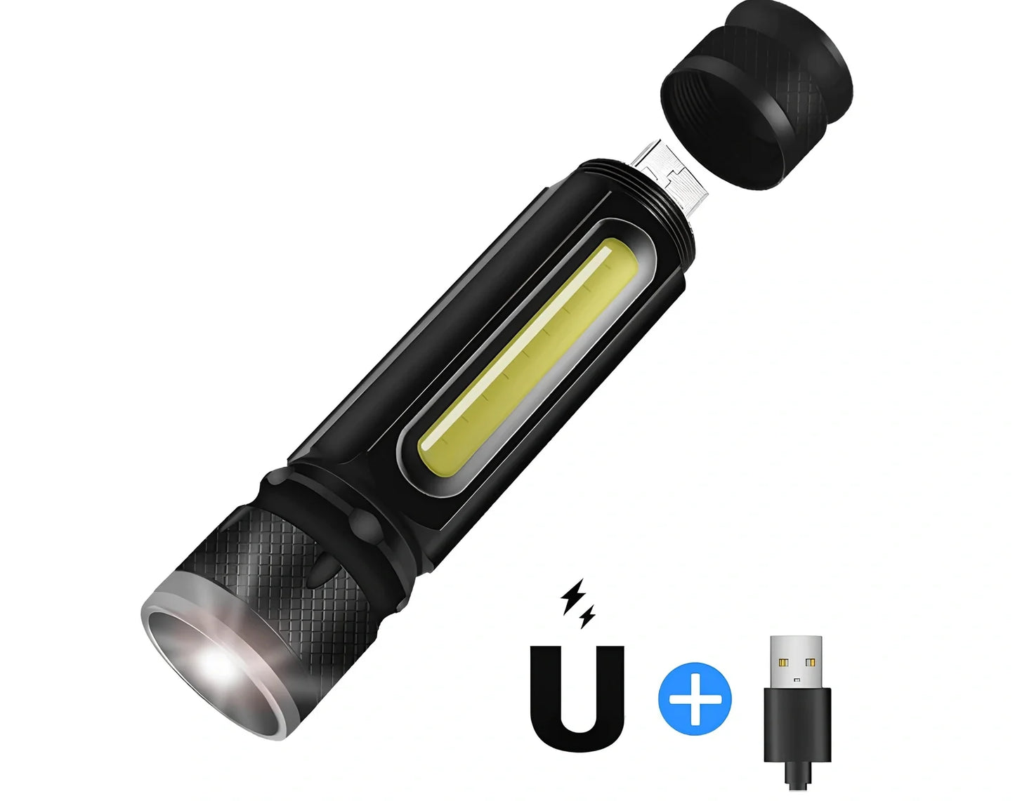 Black Soringrad rechargeable flashlight with magnet base, T6+COB lights, 18650 battery, 200m range for hiking and camping