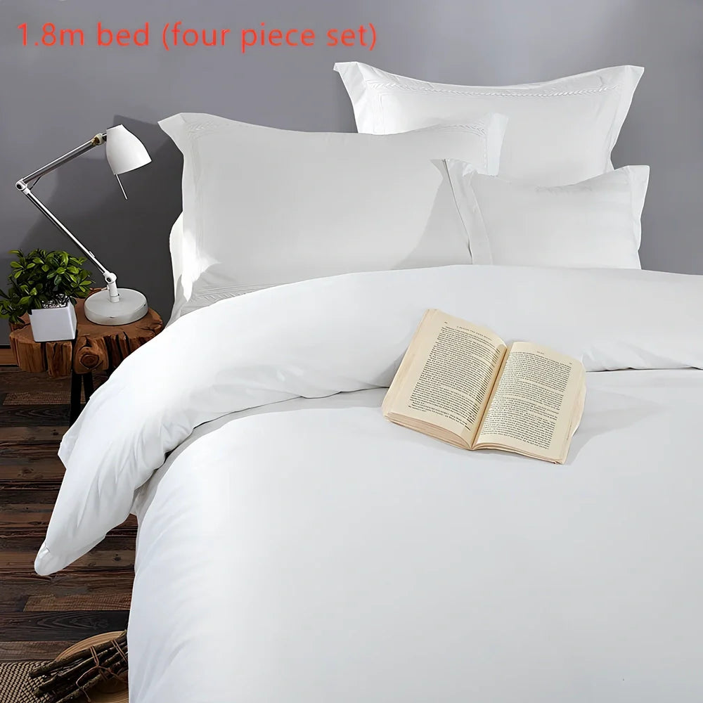 Four-piece 100% cotton satin bedding set for 1.8m bed: 250x240cm duvet cover, 260x280cm flat sheet, 180x200cm fitted sheet with 25cm depth, two 60x90cm pillowcases