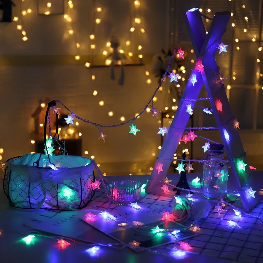 LED five-pointed star string lights with copper wiring in multiple colour options and length configurations