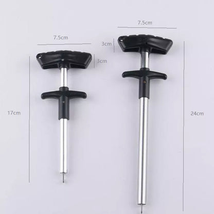 Portable T-shaped hook extractor for safe fishing in black, yellow, blue, and orange