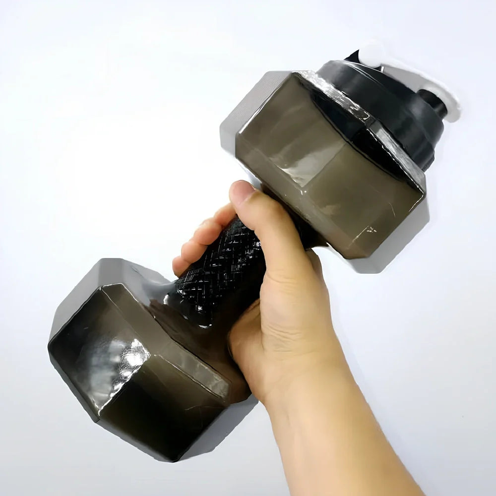 Yellow dumbbell-shaped water bottle with 2.5-litre capacity and integrated handles for gym use