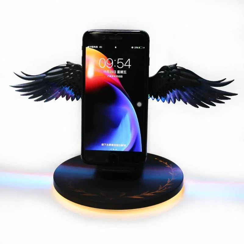 Angelic wireless charger with unfolding wings, providing fast charging and elegant design for smartphones