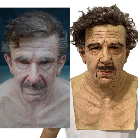 Latex old man Halloween mask with white hair and beard showing realistic facial wrinkles