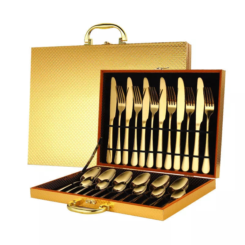 Stainless steel 24-piece tableware set with knives, forks, and spoons in rose gold, black, and gold