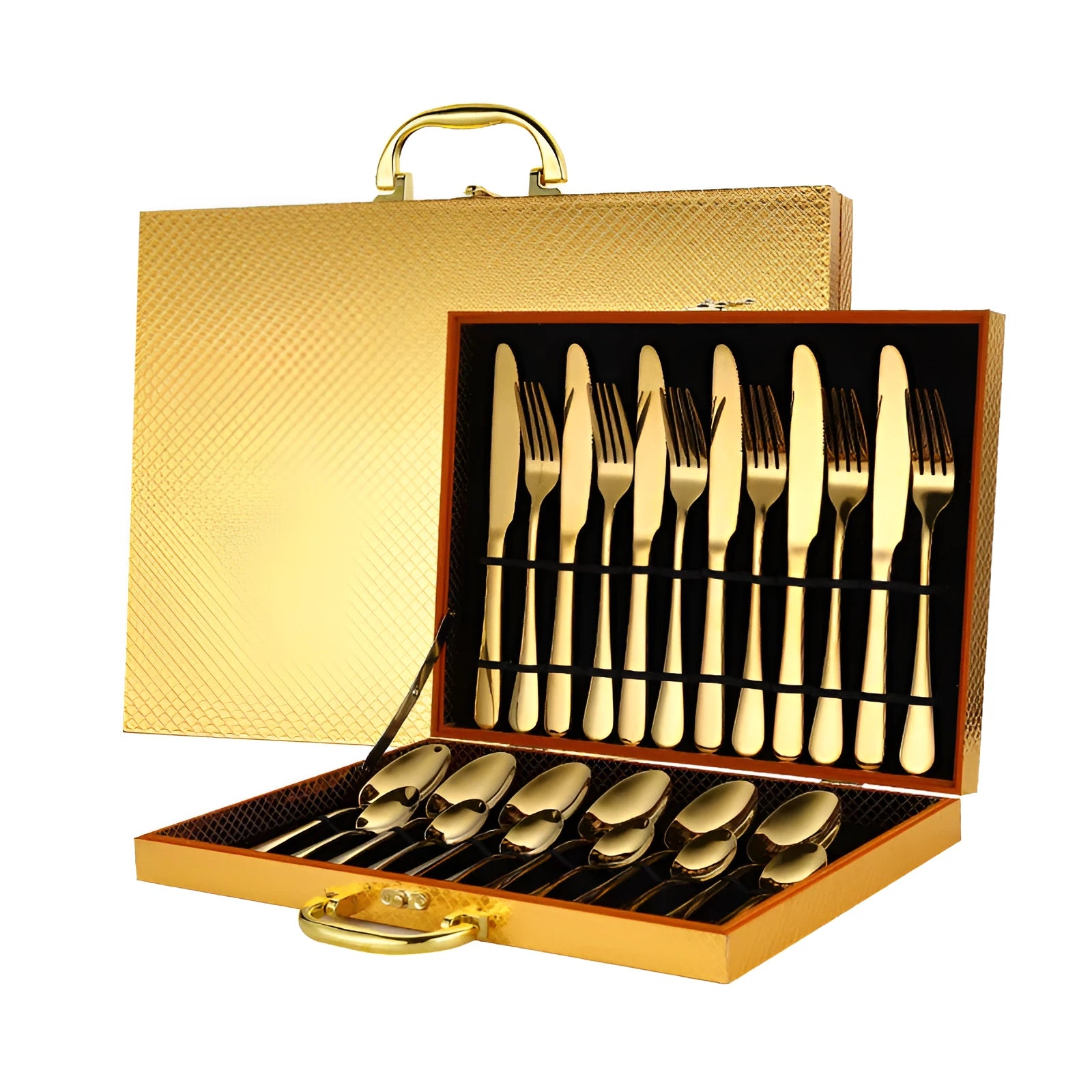 24-piece stainless steel cutlery set in gold, rose gold, black and colourful finishes.
